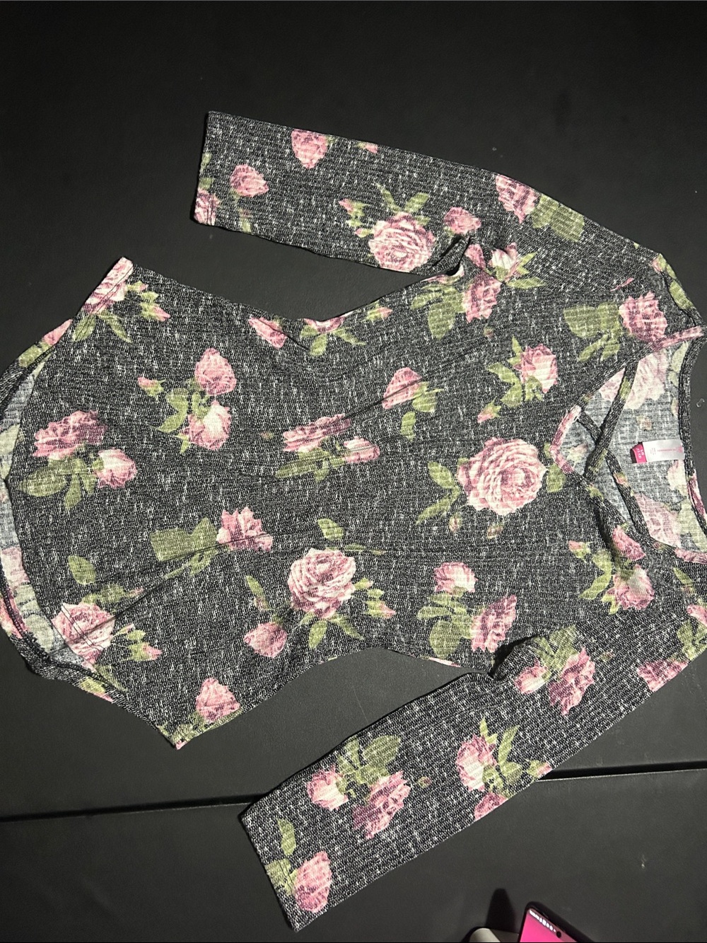 No Boundaries Grey Ribbed V‑Neck Sweater with Pink & Green Floral Print